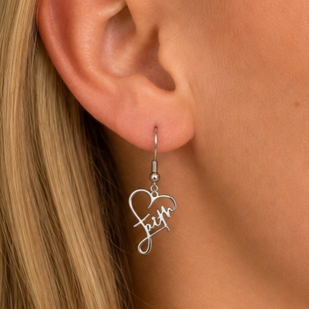 Stainless Steel Faith Heart Drop Earrings Religious Script Dangle Jewelry Womens